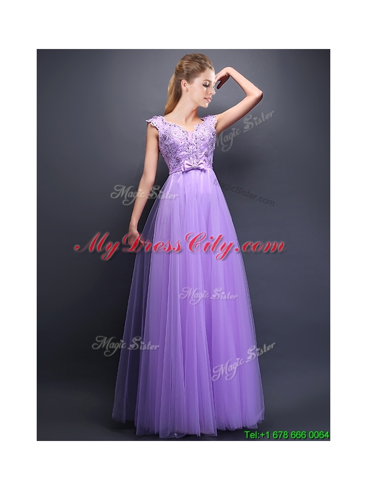 Cheap V Neck Tulle Dama Dress with Beading and Bowknot