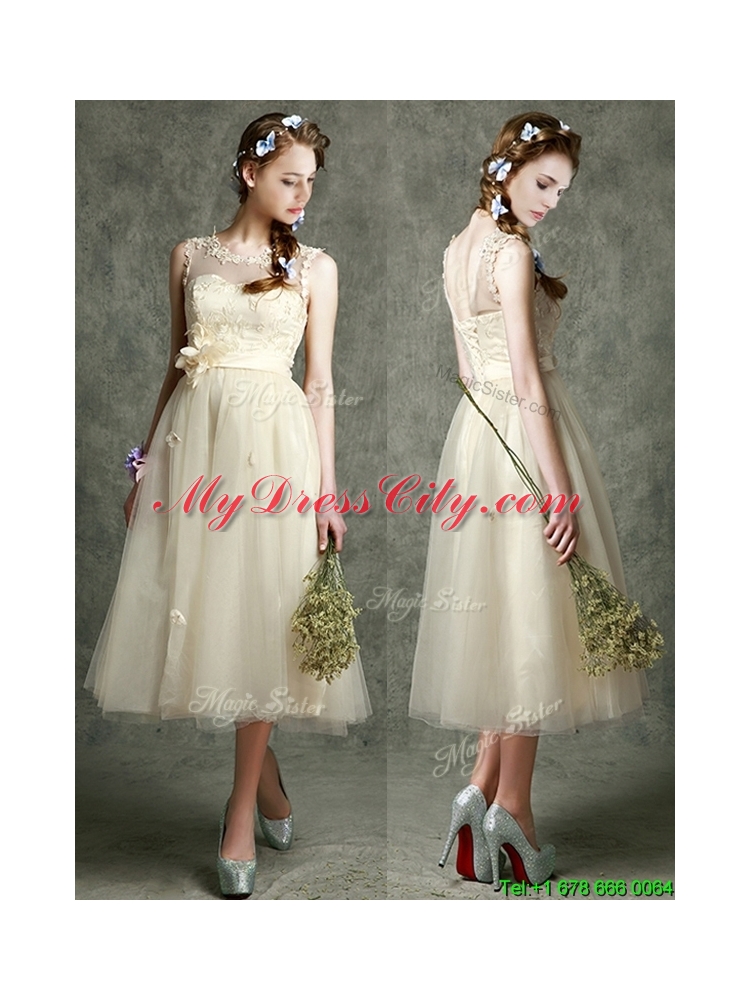 See Through Scoop Champagne Prom Dress with Hand Made Flowers and Appliques