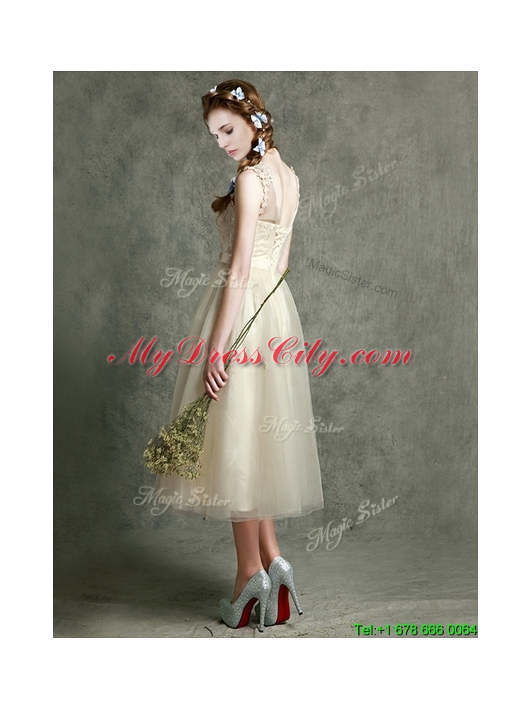 See Through Scoop Champagne Prom Dress with Hand Made Flowers and Appliques