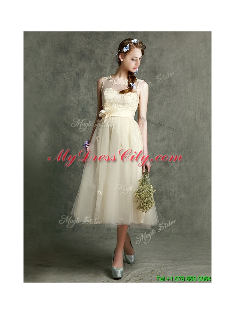 See Through Scoop Champagne Prom Dress with Hand Made Flowers and Appliques