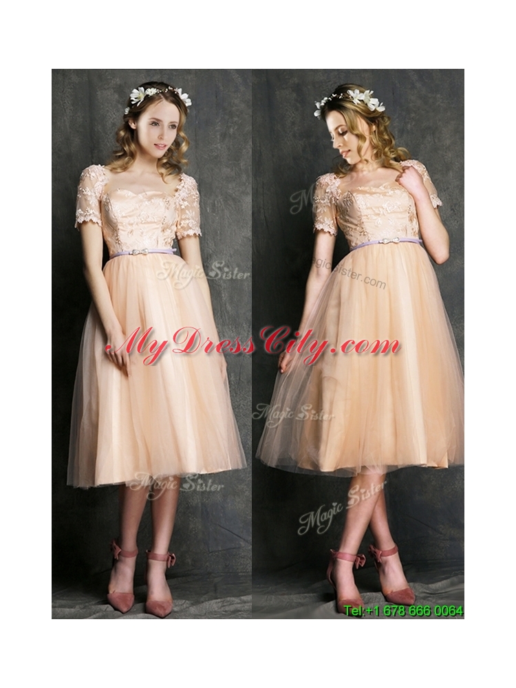 Beautiful Bateau Short Sleeves Mother Dress with Sashes and Lace