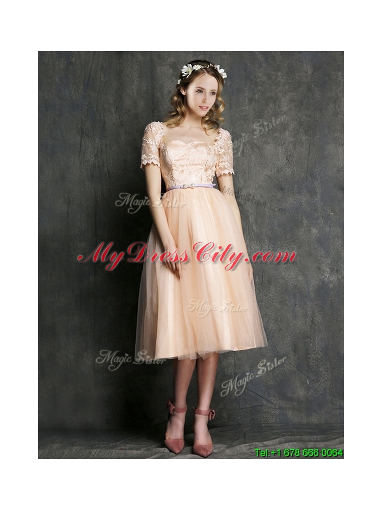 Beautiful Bateau Short Sleeves Mother Dress with Sashes and Lace