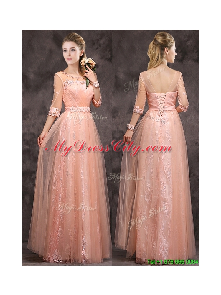 Exquisite See Through Applique and Laced Long Mother Dress in Peach