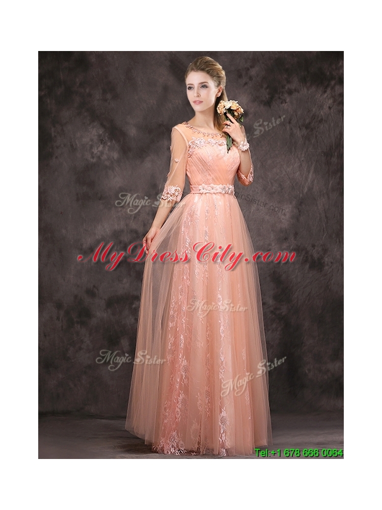 Exquisite See Through Applique and Laced Long Mother Dress in Peach