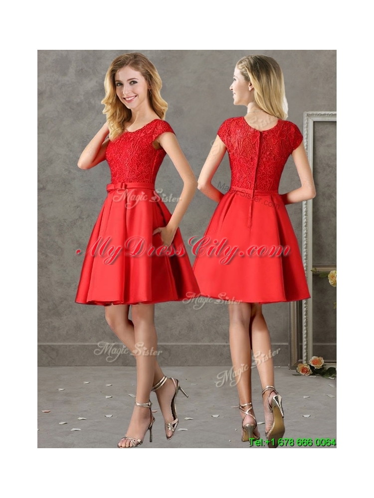 Gorgeous Scoop Cap Sleeves Red Mother Dress with Lace and Bowknot