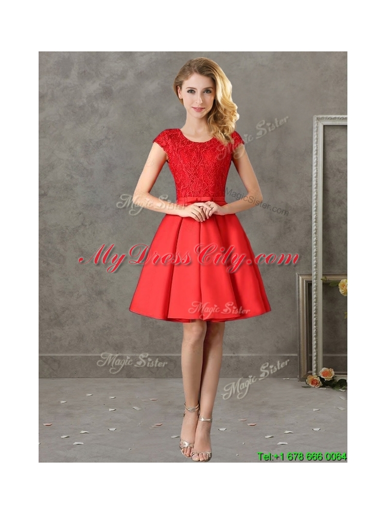 Gorgeous Scoop Cap Sleeves Red Mother Dress with Lace and Bowknot