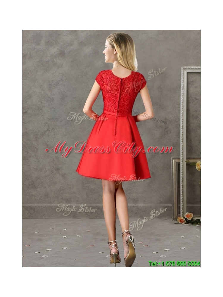 Gorgeous Scoop Cap Sleeves Red Mother Dress with Lace and Bowknot