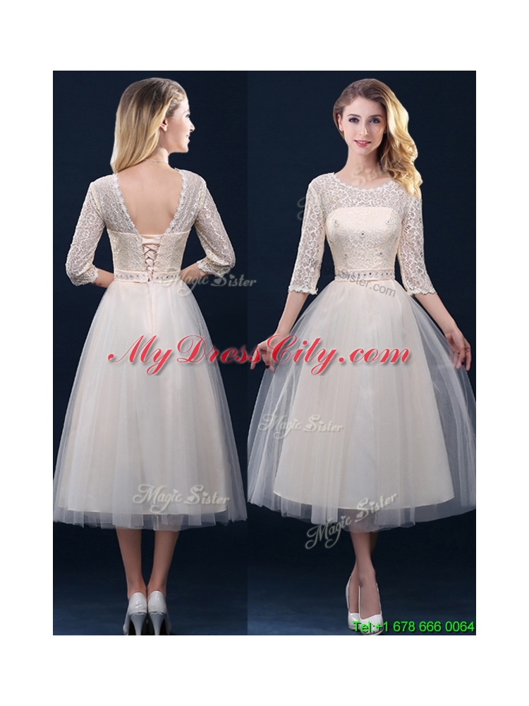 Hot Sale Laced and Applique Champagne Prom Dress in Tea Length