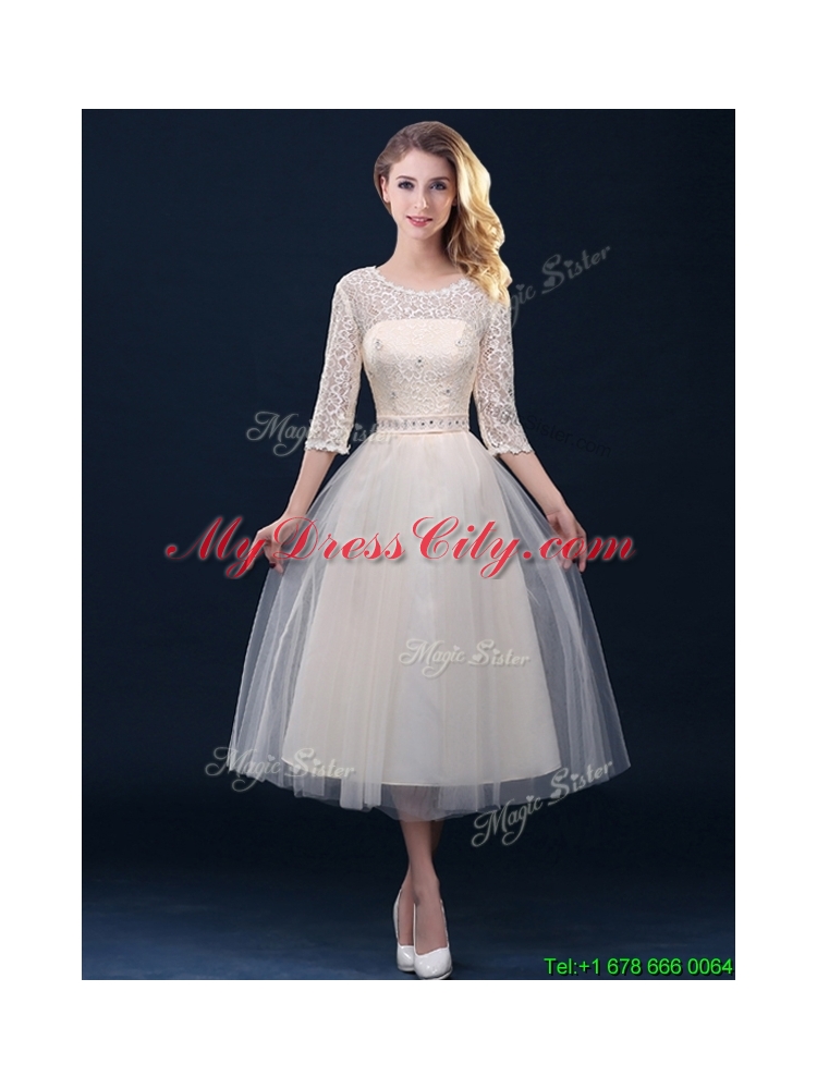 Hot Sale Laced and Applique Champagne Prom Dress in Tea Length