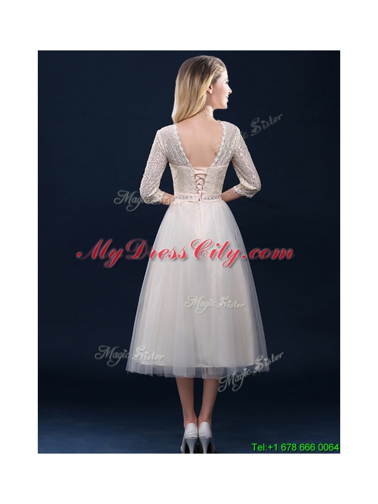 Hot Sale Laced and Applique Champagne Prom Dress in Tea Length