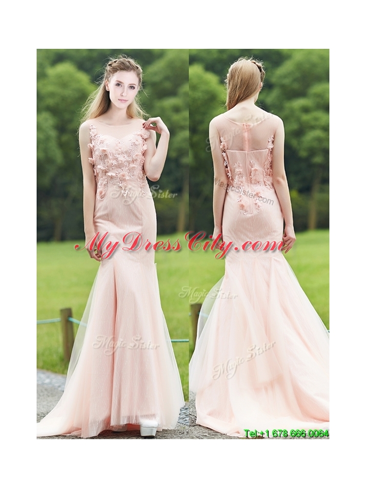 Luxurious See Through Light Pink Mermaid Mother Dress with Brush Train