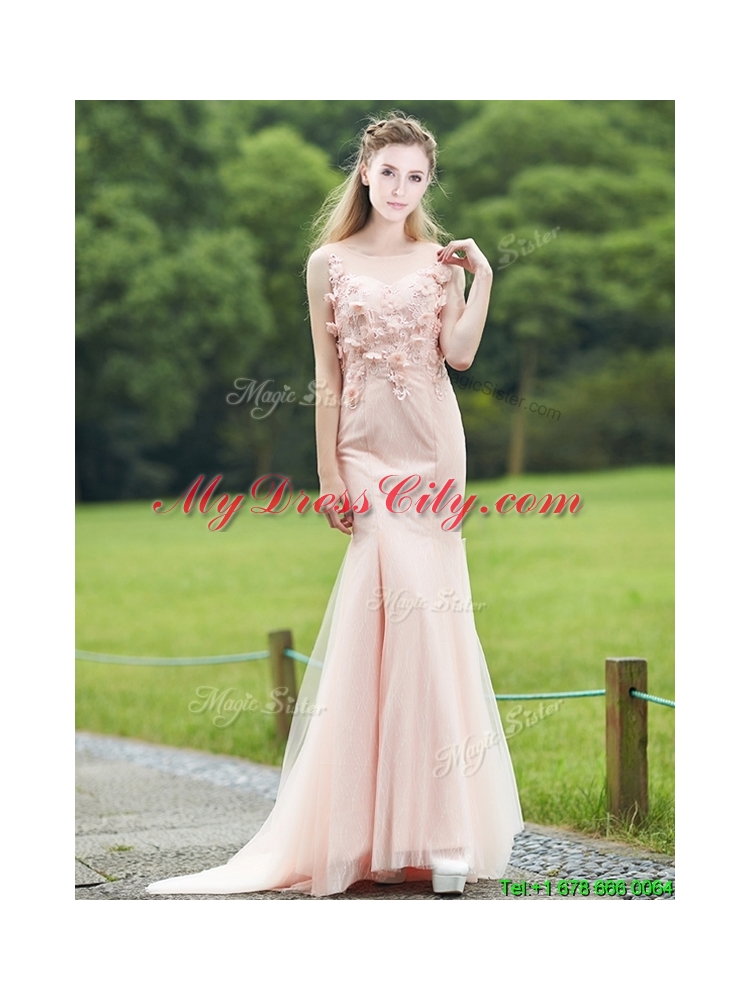 Luxurious See Through Light Pink Mermaid Mother Dress with Brush Train