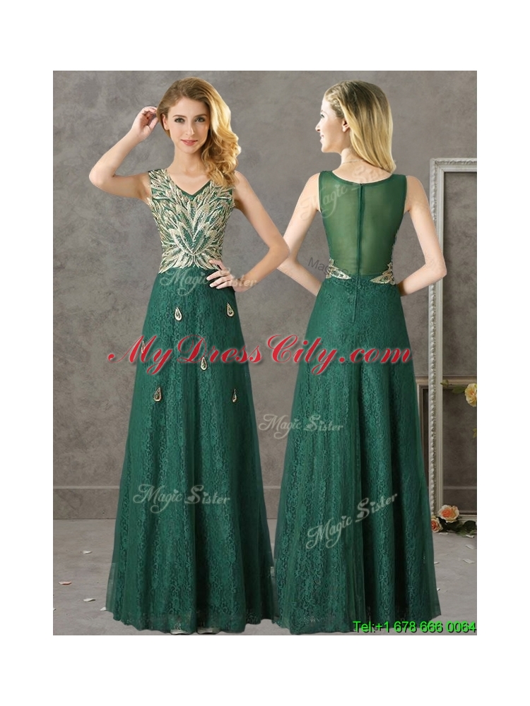 Luxurious V Neck Dark Green Mother Dress with Appliques and Beading