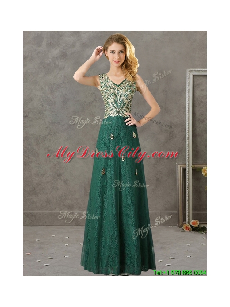 Luxurious V Neck Dark Green Mother Dress with Appliques and Beading