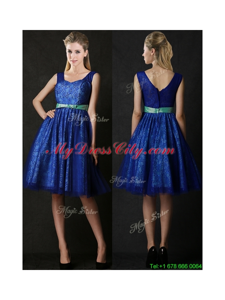 New Arrivals Belted and Laced Blue Mother Dress in Knee Length