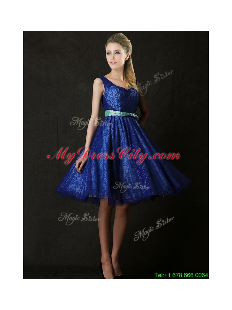 New Arrivals Belted and Laced Blue Mother Dress in Knee Length