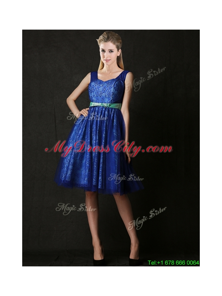 New Arrivals Belted and Laced Blue Mother Dress in Knee Length