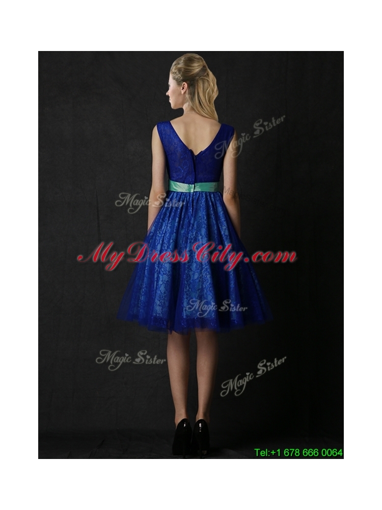 New Arrivals Belted and Laced Blue Mother Dress in Knee Length