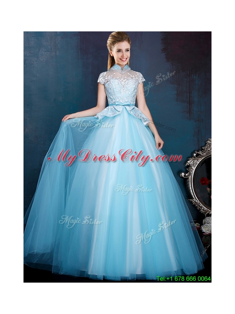 Elegant High Neck Cap Sleeves Mother Dress with Bowknot and Lace