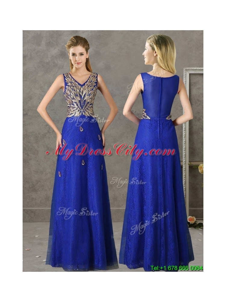 Gorgeous V Neck Appliques and Beading Mother Dress in Royal Blue