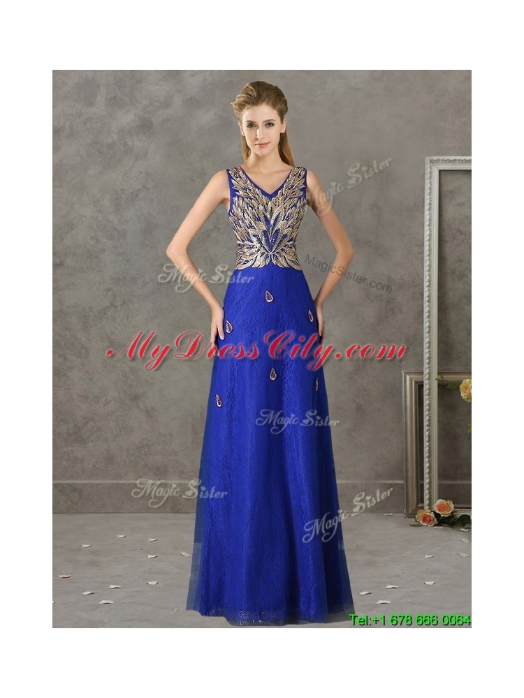 Gorgeous V Neck Appliques and Beading Mother Dress in Royal Blue