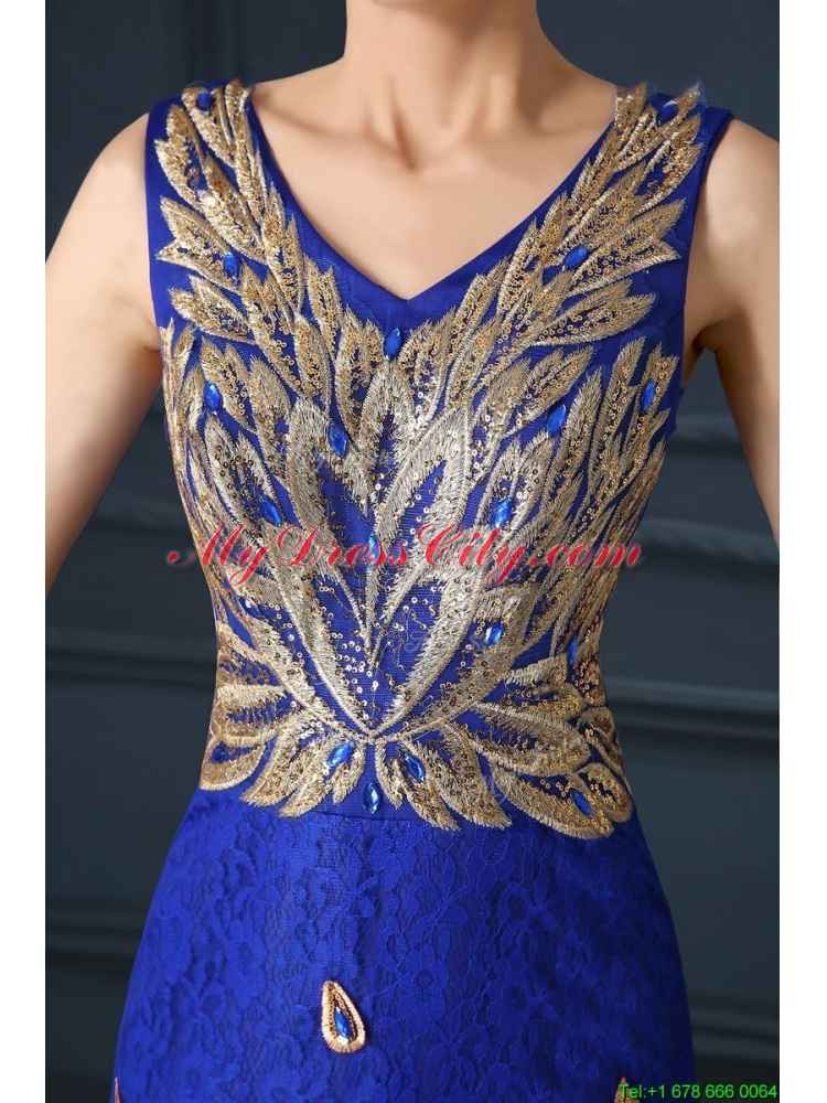 Gorgeous V Neck Appliques and Beading Mother Dress in Royal Blue