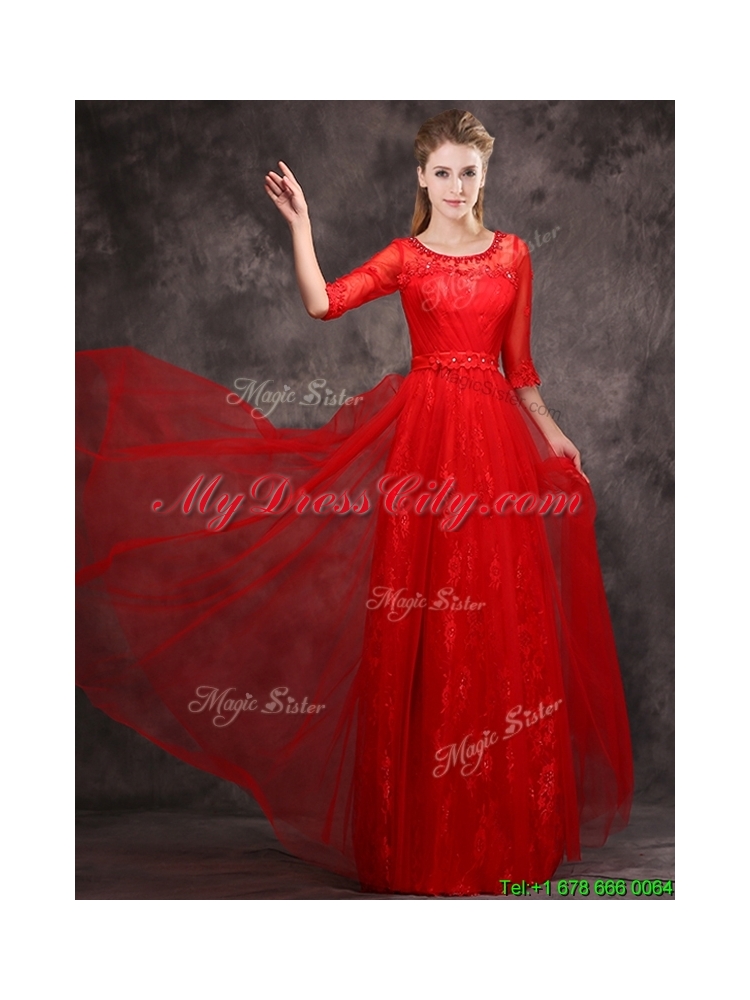 Latest Applique and Beaded Red Mother Dress in Tulle and Lace