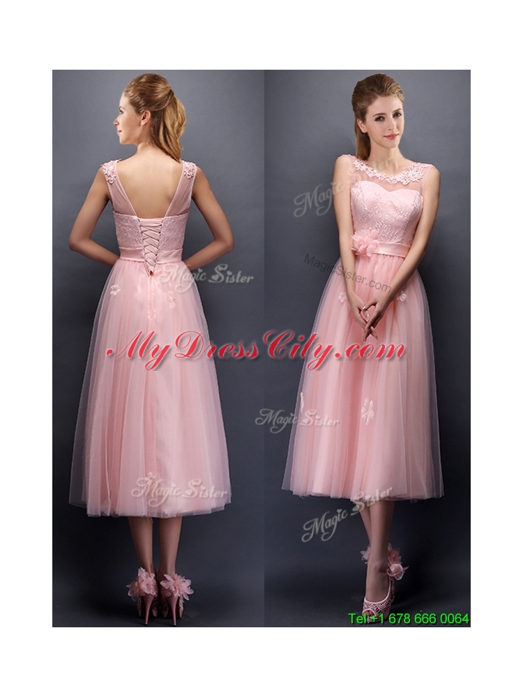 Lovely Hand Made Flowers and Applique Scoop Prom Dress in Baby Pink