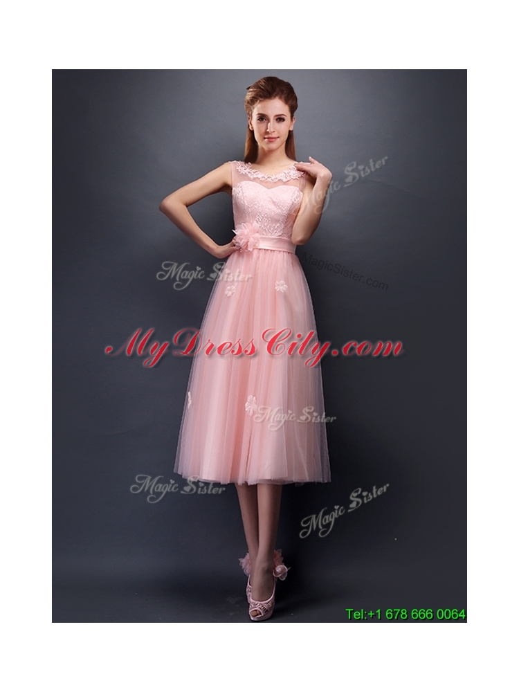 Lovely Hand Made Flowers and Applique Scoop Prom Dress in Baby Pink