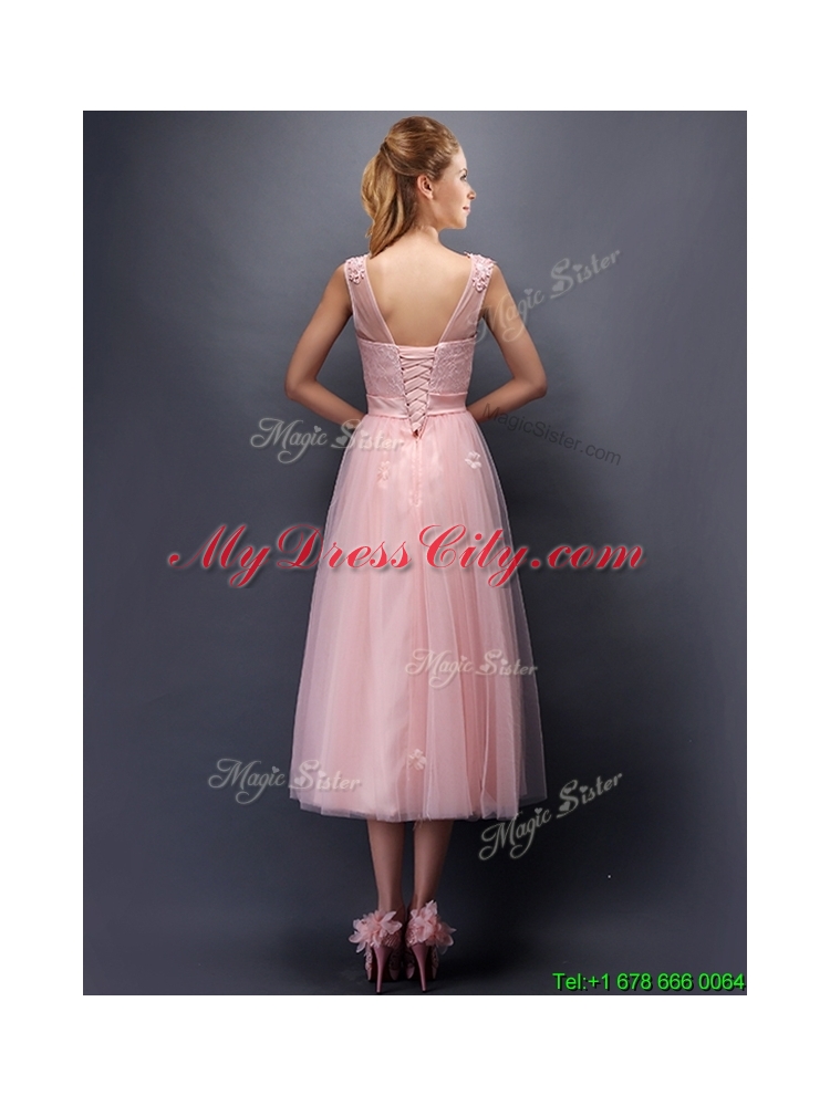 Lovely Hand Made Flowers and Applique Scoop Prom Dress in Baby Pink