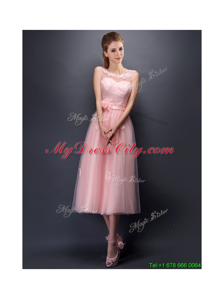 Lovely Hand Made Flowers and Applique Scoop Prom Dress in Baby Pink