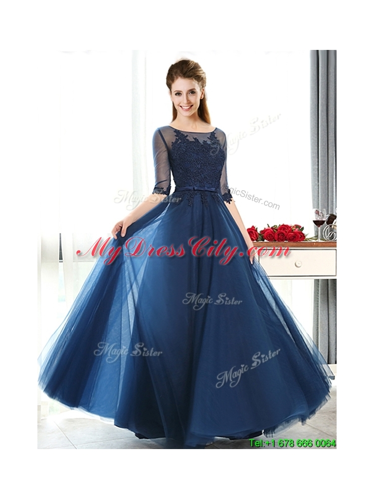 Luxurious See Through Scoop Half Sleeves Mother Dress with Lace and Belt