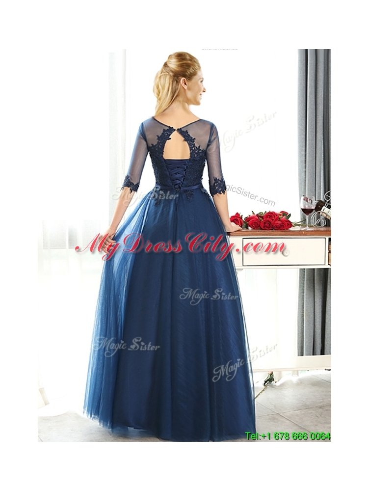 Luxurious See Through Scoop Half Sleeves Mother Dress with Lace and Belt