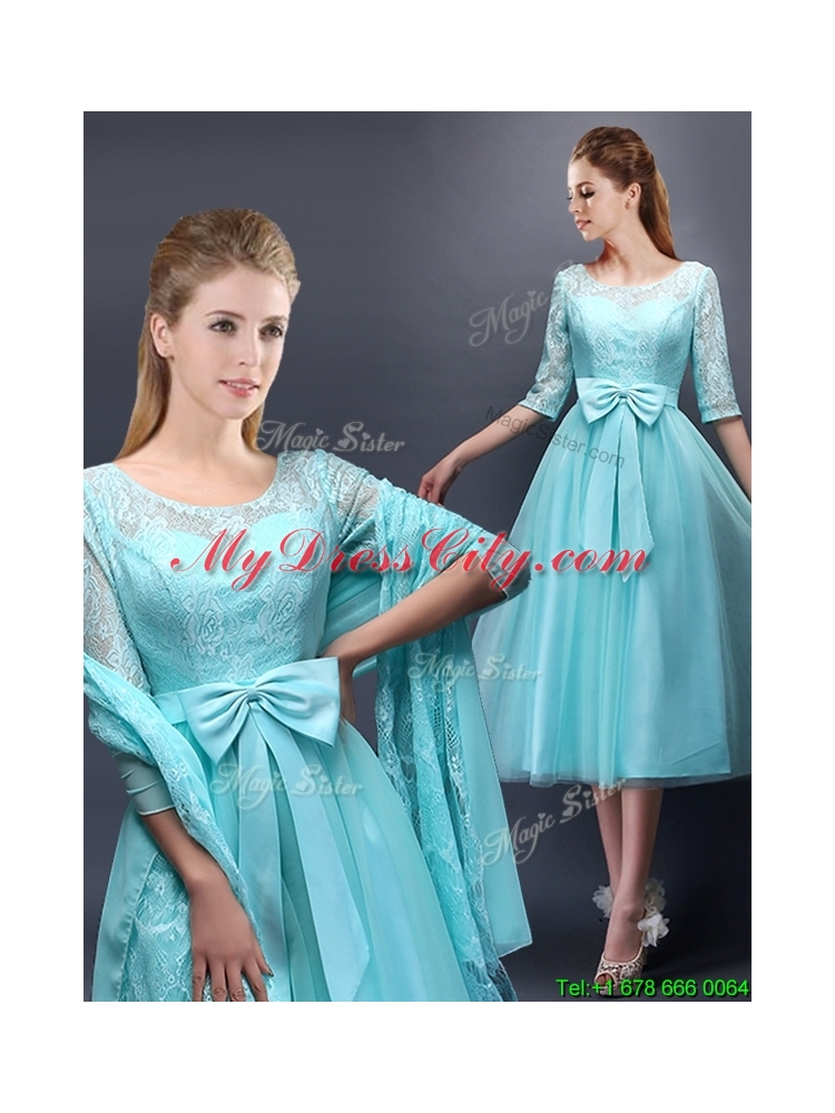 Romantic Aqua Blue Scoop Half Sleeves Mother Dress with Bowknot