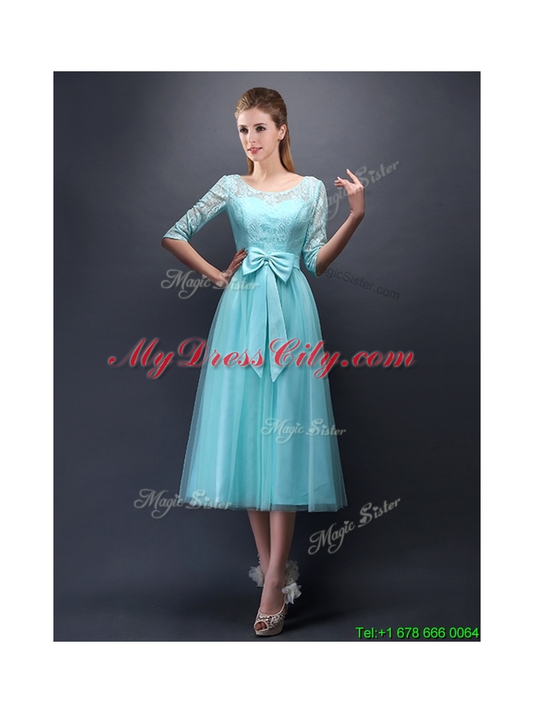 Romantic Aqua Blue Scoop Half Sleeves Mother Dress with Bowknot