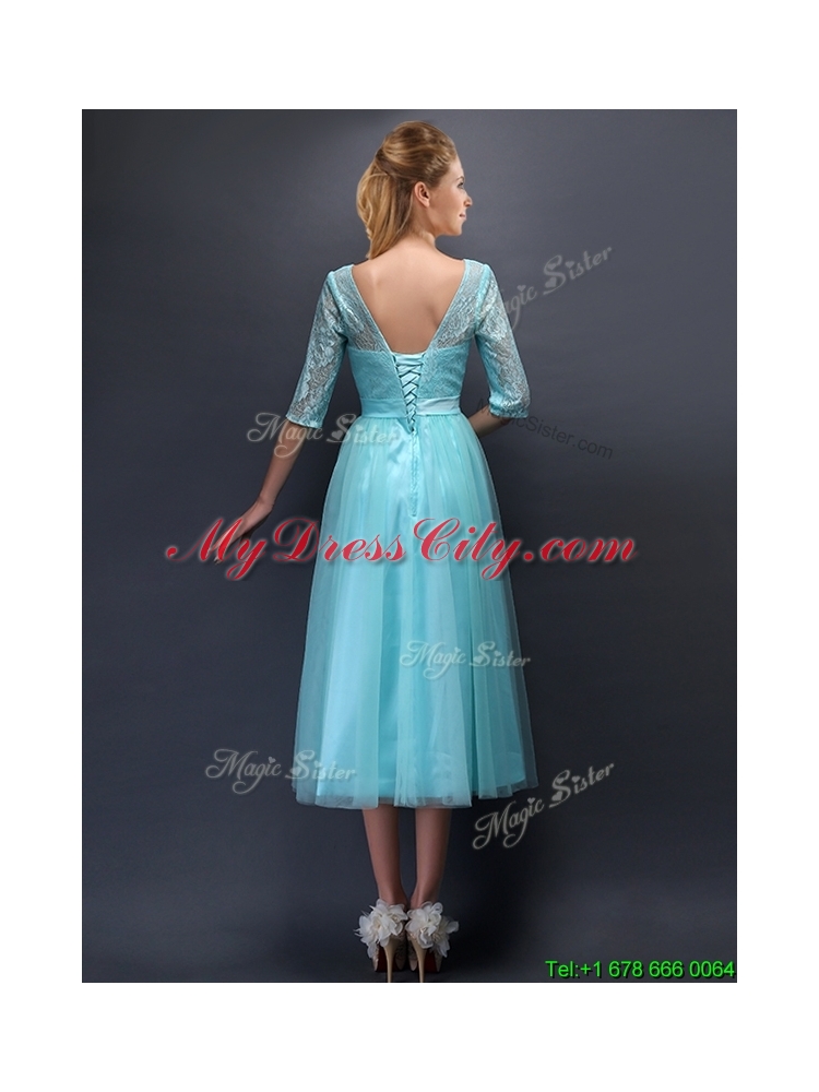 Romantic Aqua Blue Scoop Half Sleeves Mother Dress with Bowknot