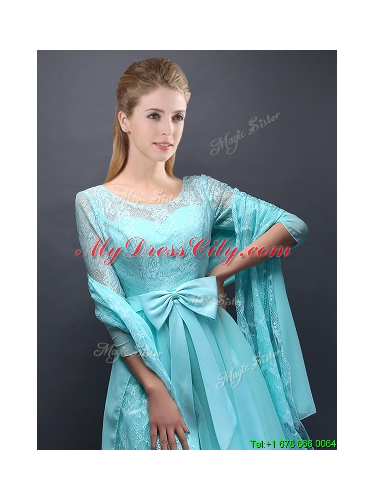 Romantic Aqua Blue Scoop Half Sleeves Mother Dress with Bowknot