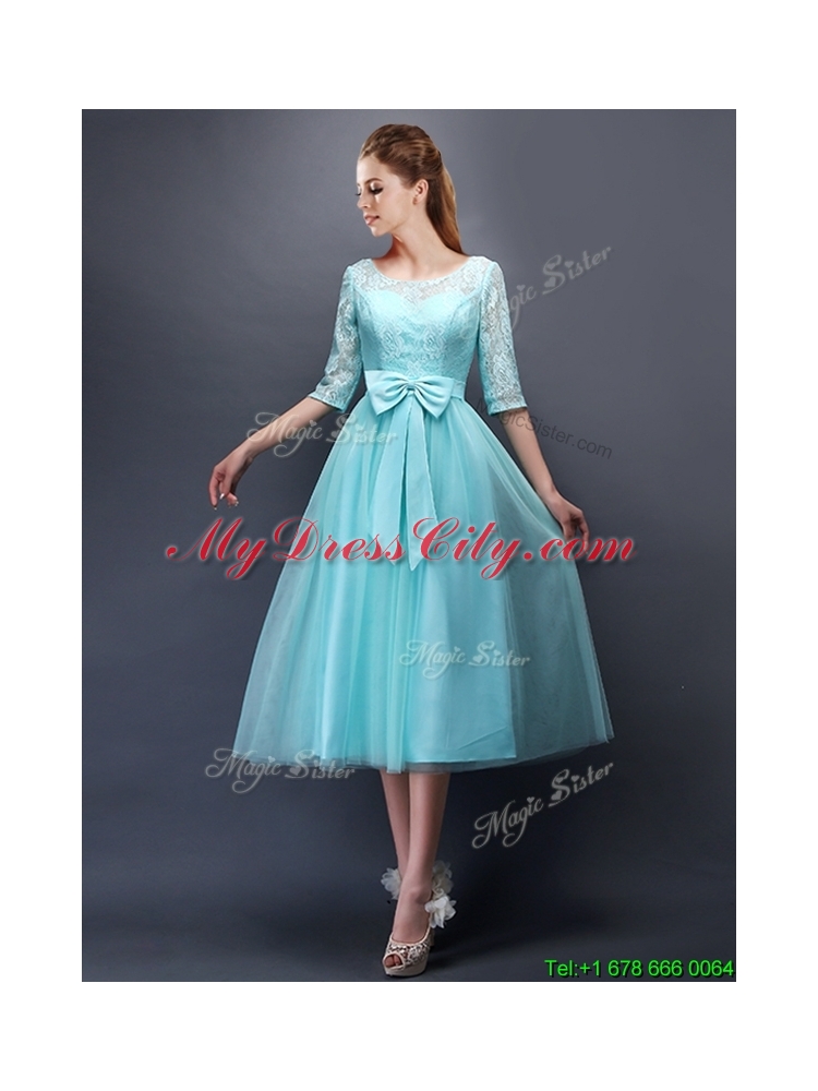 Romantic Aqua Blue Scoop Half Sleeves Mother Dress with Bowknot