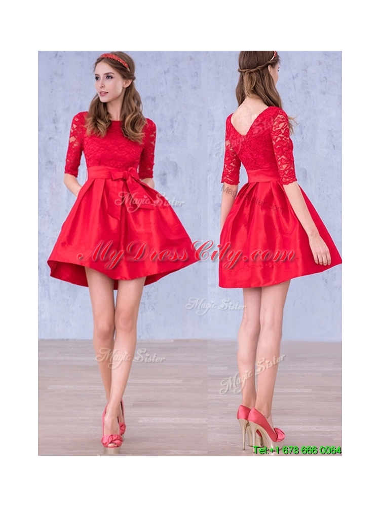 Romantic Bowknot and Laced Scoop Half Sleeves Mother Dress in Red