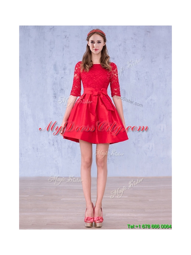 Romantic Bowknot and Laced Scoop Half Sleeves Mother Dress in Red