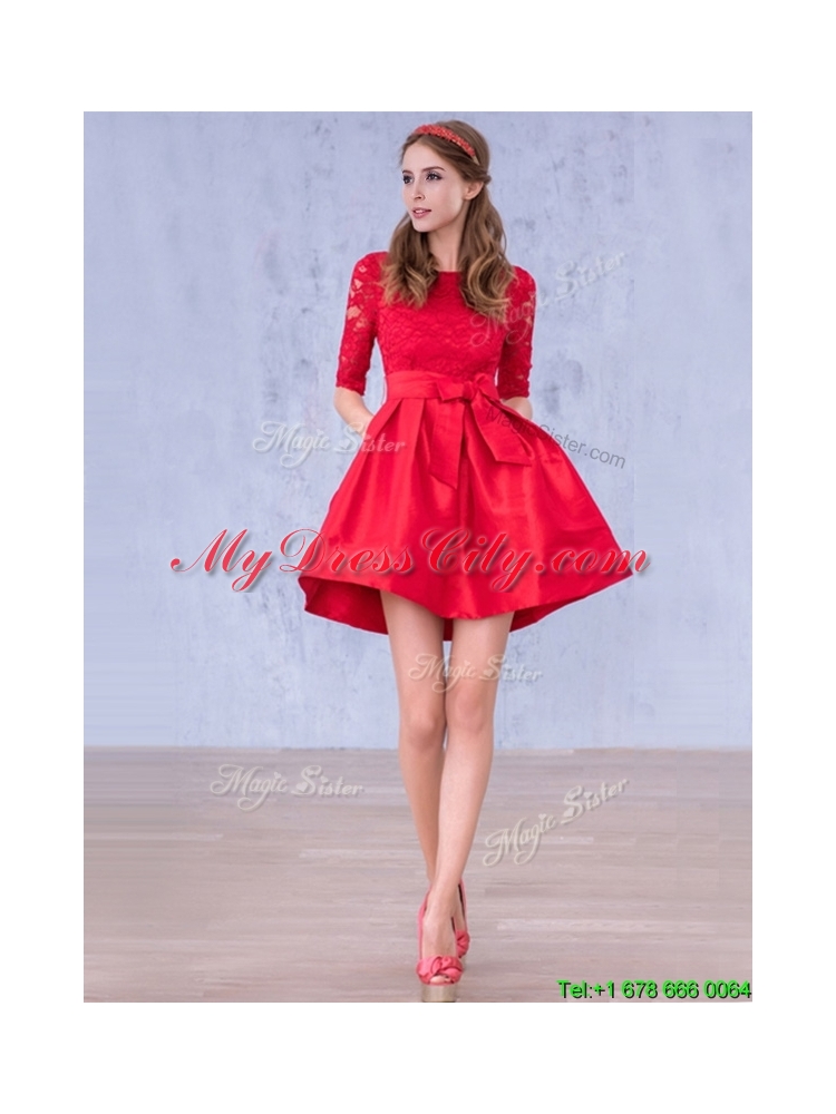 Romantic Bowknot and Laced Scoop Half Sleeves Mother Dress in Red