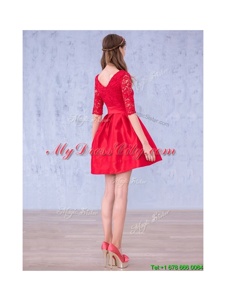 Romantic Bowknot and Laced Scoop Half Sleeves Mother Dress in Red