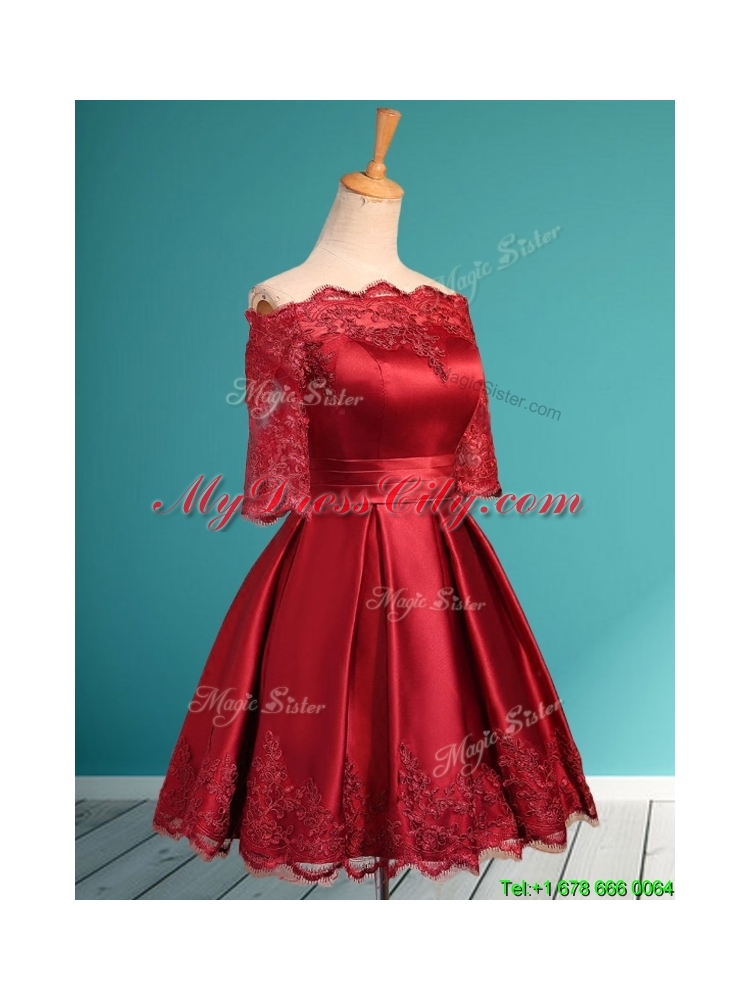 Romantic Off the Shoulder Half Sleeves Mother Dress with Lace and Belt