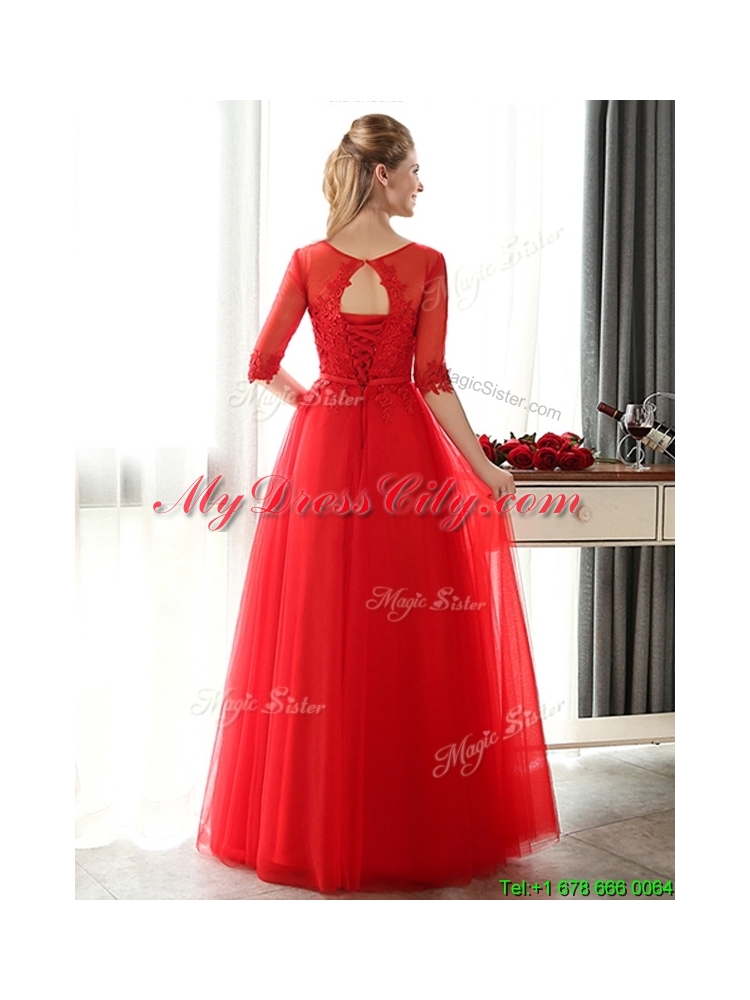 See Through Scoop Half Sleeves Red Prom Dress with Lace and Belt