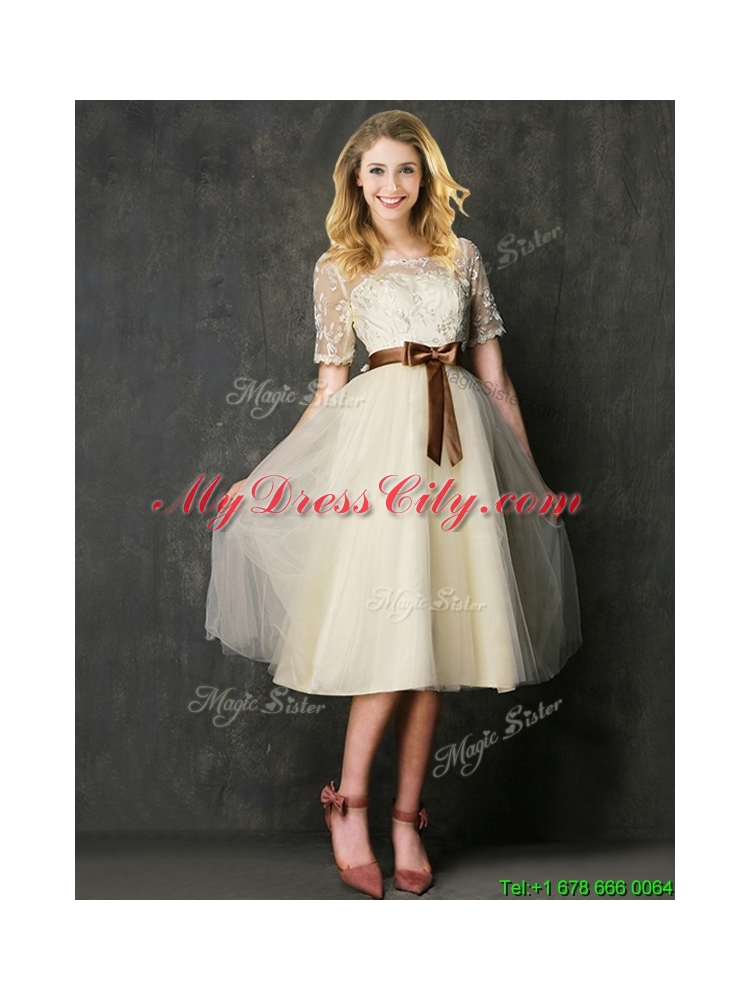 See Through Scoop Short Sleeves Mother Dress with Bowknot and Lace