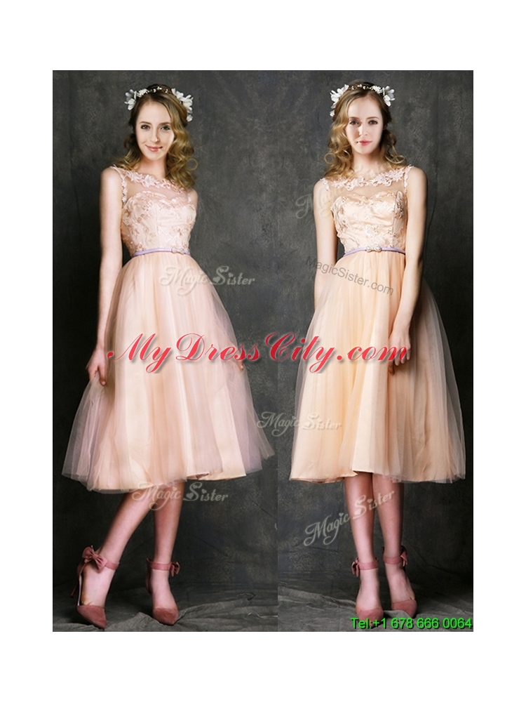 Romantic Laced and Sashed Scoop Prom Dress in Peach