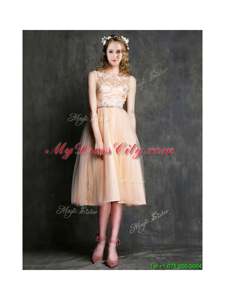 Romantic Laced and Sashed Scoop Prom Dress in Peach