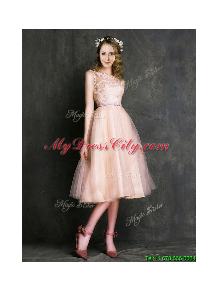 Romantic Laced and Sashed Scoop Prom Dress in Peach