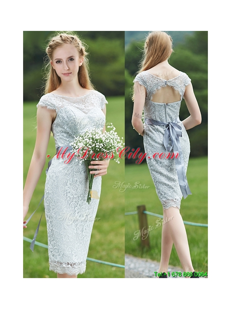 Wonderful Scoop Cap Sleeves Sashes Prom Dress in Grey