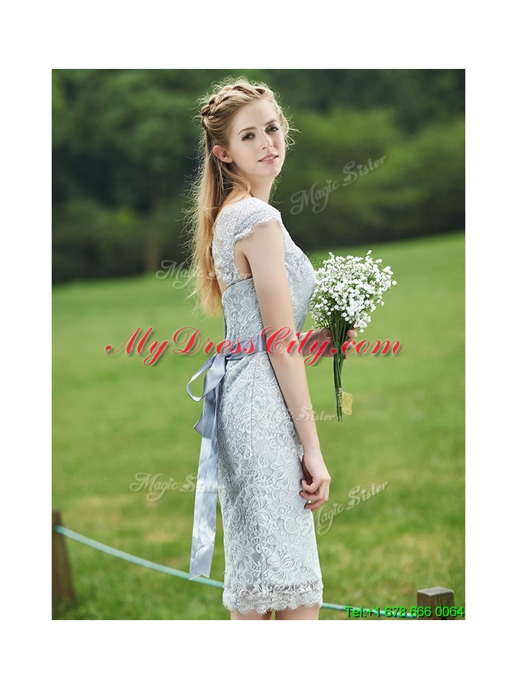 Wonderful Scoop Cap Sleeves Sashes Prom Dress in Grey